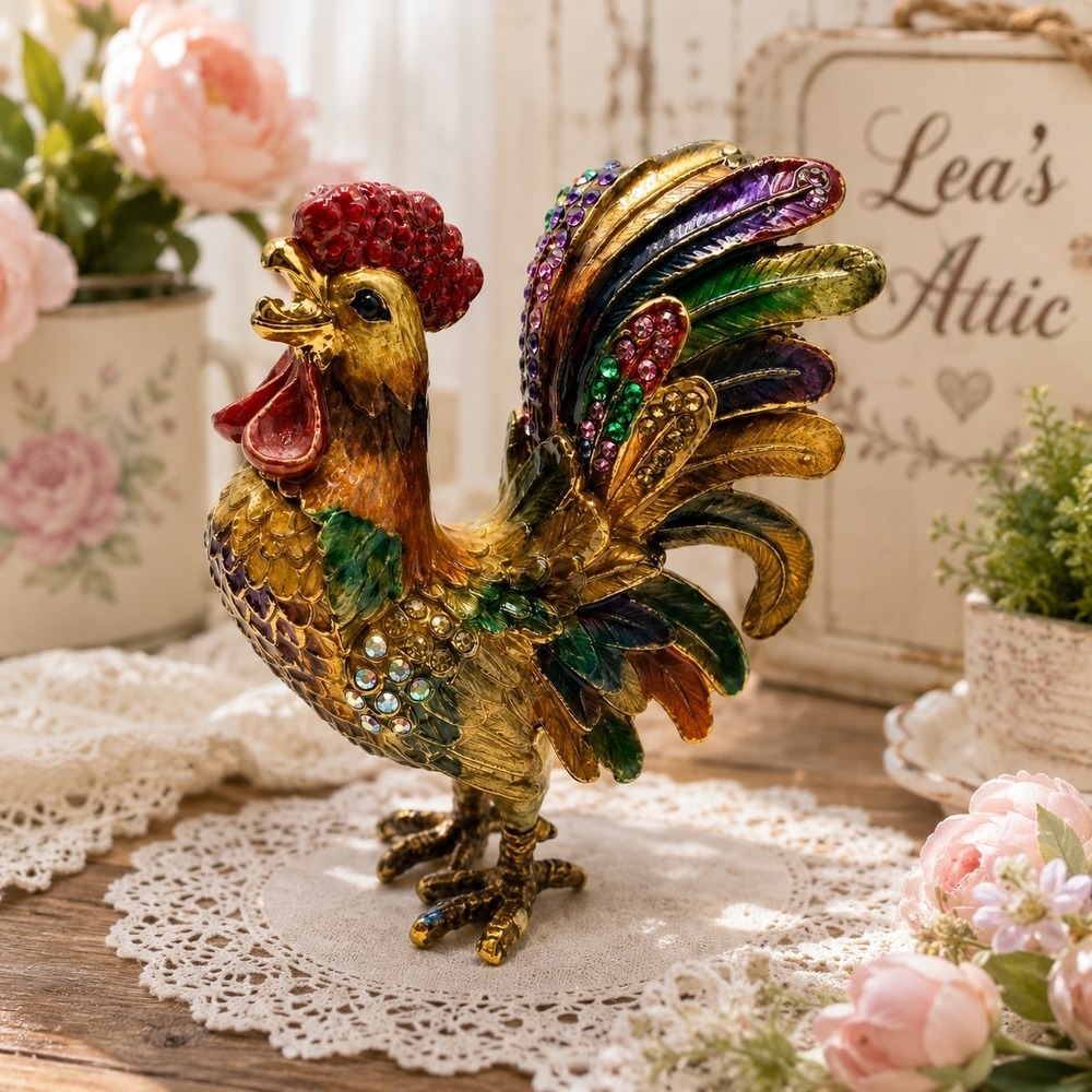 Sevenbees Vintage Style Jeweled Rooster Trinket Box Colorful Enamel Rhinestone